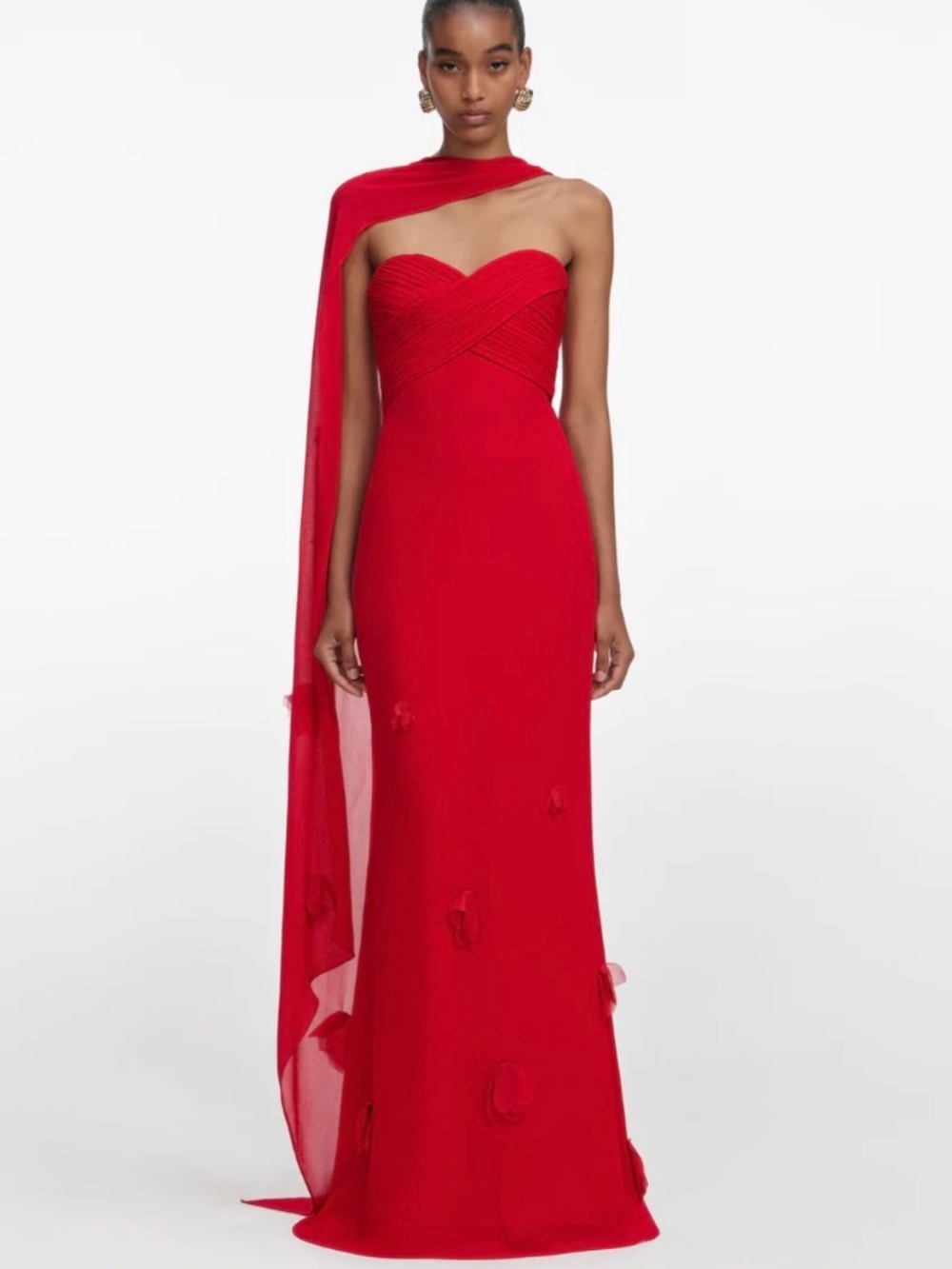 Red self portrait georgette flower maxi dress with floral appliqué and scarf
